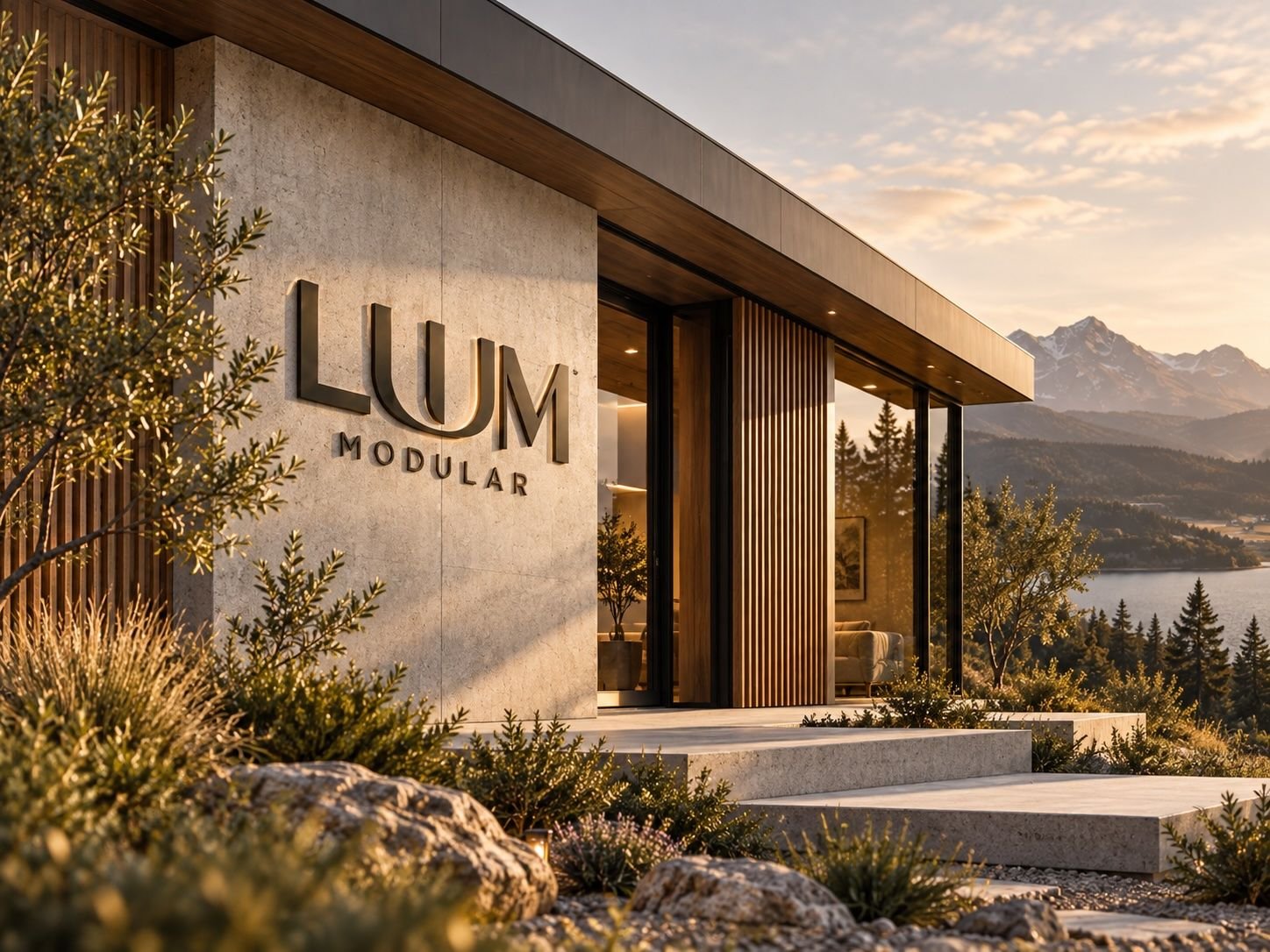 Luum Modular home with concrete, timber cladding and a lake view at sunset