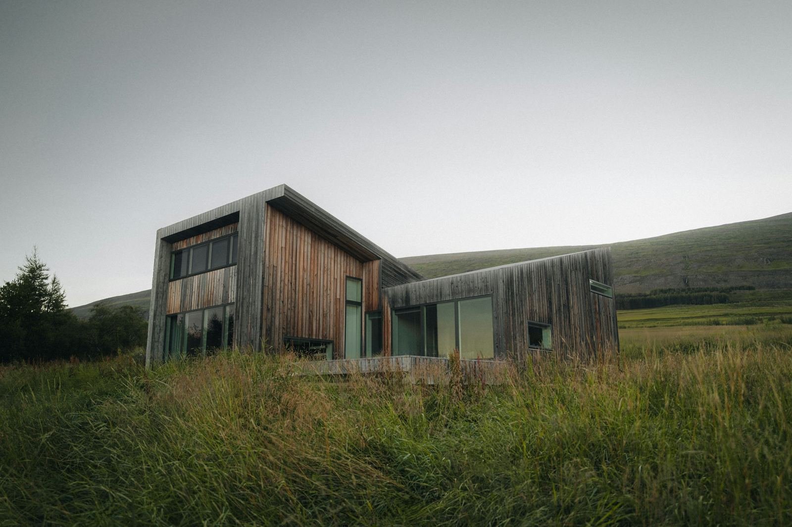 Timber-clad home in a misty field