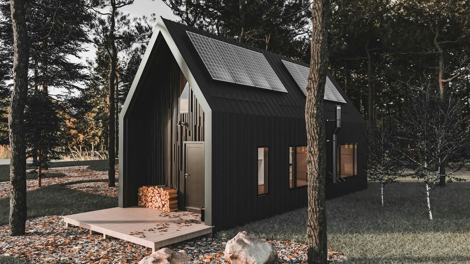 Dark modular cabin with warm light among tall trees